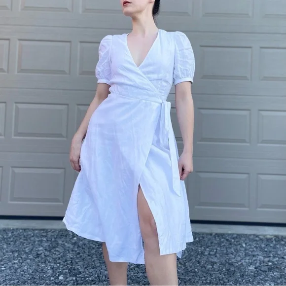 Reformation White Puff Sleeve Weiss Linen Wrap Dress Small Custom Altered